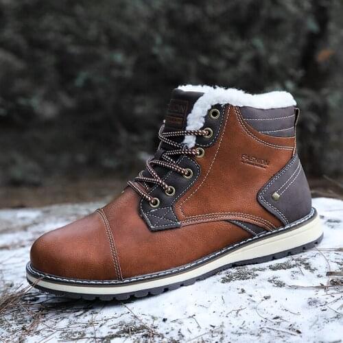 Men Leather Boots Men Winter Plush snow Boots Warm Shoes Men lace up Ankle Boots Comfortable Chaussure Homme outdoor Work Boots