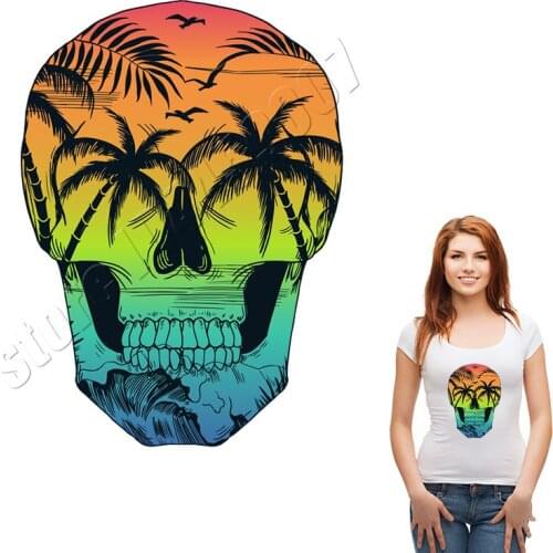 Skull Patches Beach Sun Coconut Try Stickers Iron On Decals For Man Heat Transfer Vinyl DIY Washable Parches For Backpack