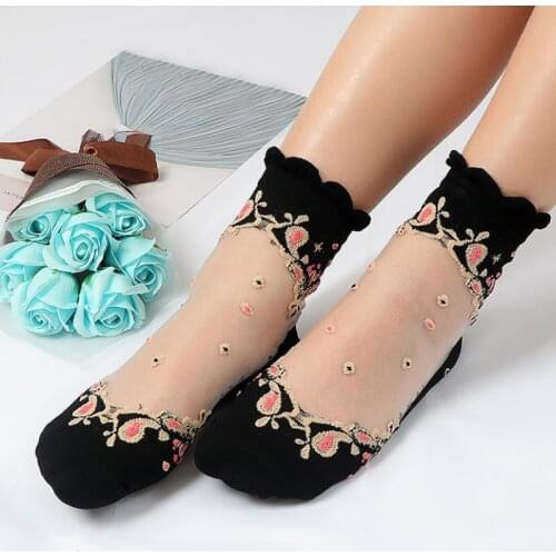 Fashion Summer Ultra-thin Fashion Lady Transparent Floral Socks Harajuku Literary Casual Short Socks