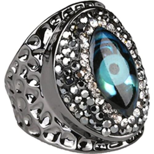 Evil Eye Charm Rhinestone Beads Gun Black Big Width Ring Resizable Hammered Open Wrapped Ring Cuff For Women Man