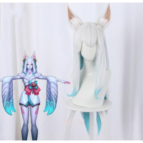 Advance sale game League of Legends cos Wigs Split the spirit section of a cat Lian Hua white gradual blue COS wig