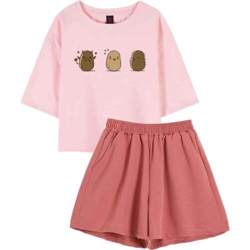Pj Sets for Teen Girls Lounge Wear Set for Women Potato Graphic Crop Top Women Pijamas Lady Cotton Loungewear Suit Summer