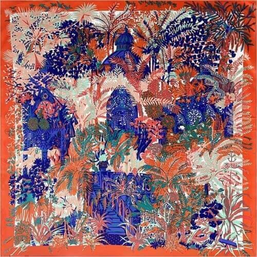 POBING 100% Silk Scarf Women Large Shawls Plant Jungle Stoles Square Bandana Luxury Kerchief Hijab Scarf Female Foulards 130CM
