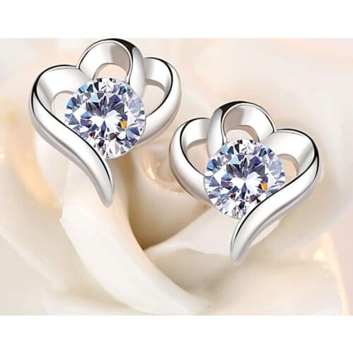 Luxury Female Love Heart Natural White Crystal Earrings Real 925 Sterling Silver Wedding Earrings For Women Cute Stud Earrings