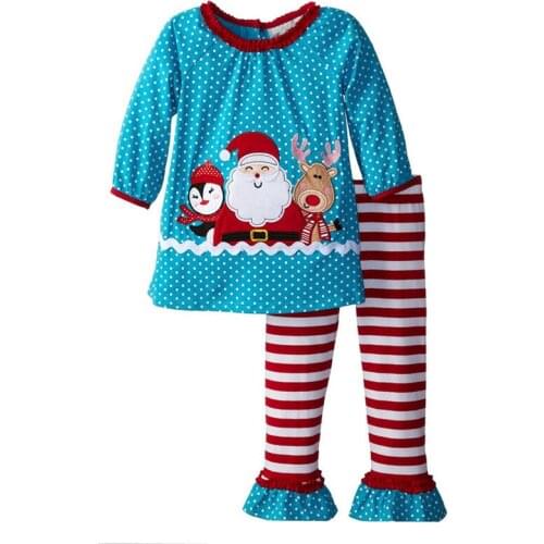 Christmas Costumes Baby Girls Clothes Suits Blue Dot Santa Girl Blouse Stripe Pant Clothing Sets Children Outfits Kids Dress Top