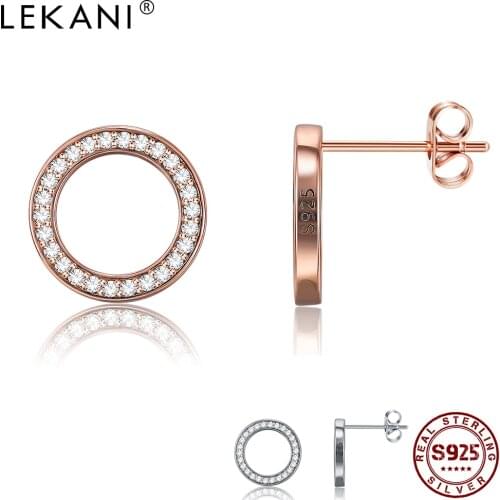 LEKANI Real 925 Silver Round Stud Earrings For Women Clear Simple Cubic Zircon Earring Girl Festival Gift New Arrival Recommend