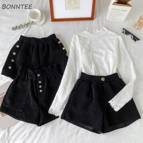 Shorts Women Winter Corduroy Button High Waist Straight Elastic Wide-leg Casual Korean Style Simple Cool Lady Students Trousers