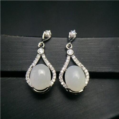 Hetian White Jade stud earring Natural Jasper Free shipping 925 sterling silver Fine gems jewelry For men or women