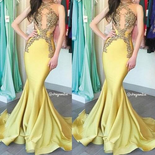 SuperKimJo Vestidos De Fiesta De Noche Lace Applique Mermaid Evening Dresses Long Beaded Mustard Halter Sexy Formal Dresses