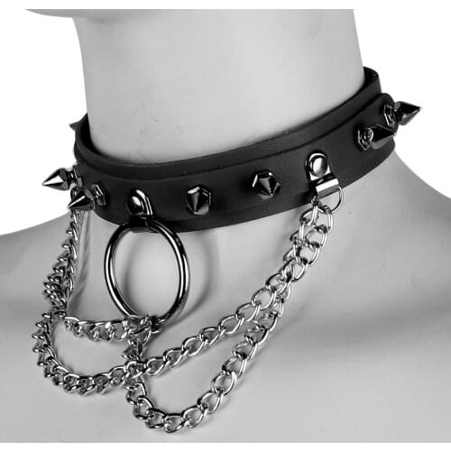 Unisex Punk Gothic Choker Flexible PU Leather Necklace Adjustable Neck Collar Metal O-Rings Chains Rock Club Party Accessories