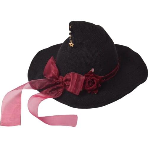 Lolita Witch Girl Black Hat With Floral Ribbon Bowknot