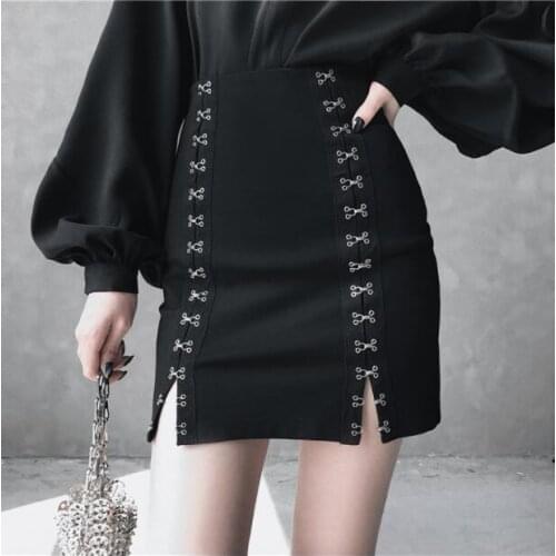 Women Harajuku Gothic Black High Waist Skirt Girls Punk Streetwear Fashion A-line Mini Sexy Breasted Elastic Skirt