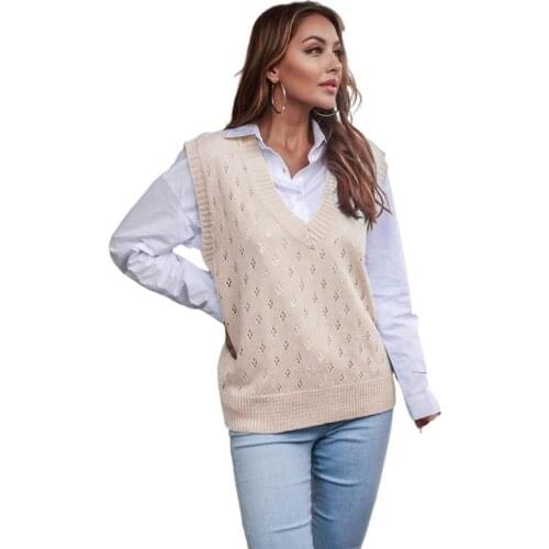 Women Solid Color Leisure Knitted V-Neck Sleeveless Tank Sweater Vest Hollow Dot Pattern Knitted Vest For Daily Simple Harajuku