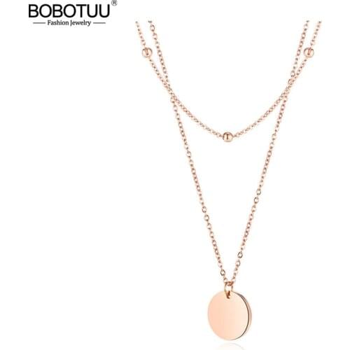 BOBOTUU Trendy Stainless Steel Double-layer Small Round Bead Chain Glossy Round Pendant Clavicle Necklace For Women BN17092