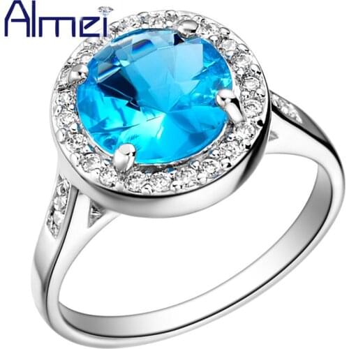 Almei Wedding Round Zircon Vintage Ring With Red Rink Rainbow Blue Stone Silver Color Rings Bijoux Women Female Jewelry Big J075