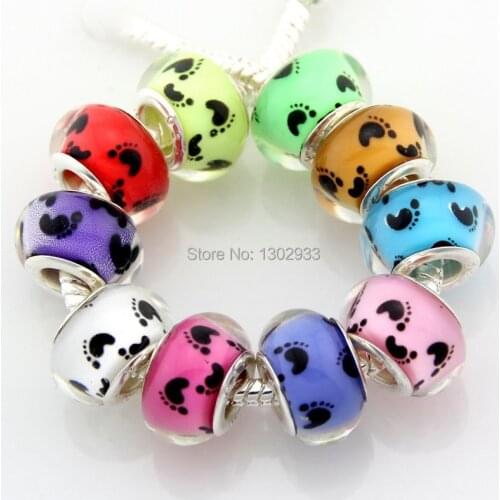 50 pcs/ lot 10 Color Mix Pink White Purple Yellow Red Brown Blue Baby Feet Big Hole Beads For European Charm Bracelet ZZH10