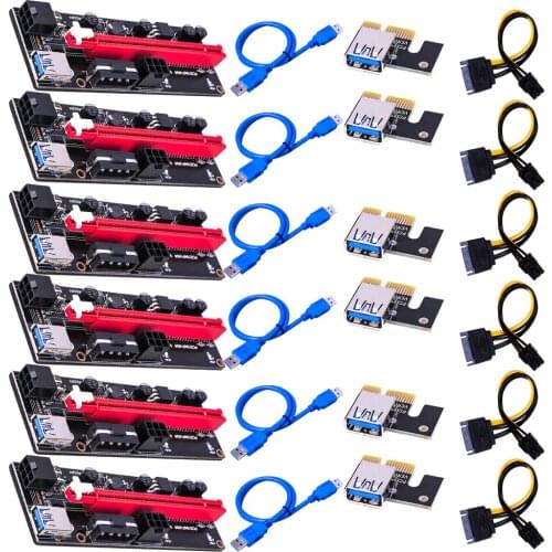 6pcs VER009S PCI-E Riser Board USB 3.0 PCI-E Riser VER 009S Express 1X 4x 8x 16x Extender Riser Card SATA 15pin to 6 pin Power