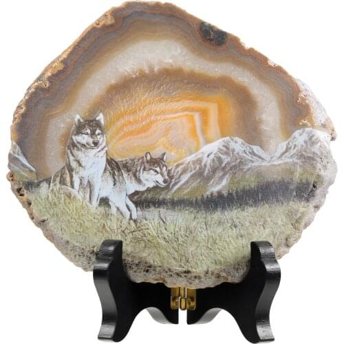 TUMBEELLUWA Wolf Agate Slab Display with Wooden Stand Irregular Shape Aagte Slice Stone Office Desk Ornament Home Decoration 1pc
