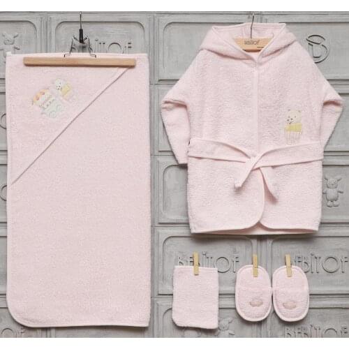 Bebitof Newborn Baby Girls Toddler 100% Cotton Terry Bathrobe & Hooded Towel Set Bathtime Gift Bundle 5 Piece Pink 0 – 24 Month