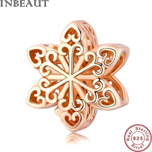 INBEAUT 100% 925 Sterling Silver Plant Heart Snowflake Beads fit Brand Bracelet Rose Gold Star Blossom Charms for Bangles Gift
