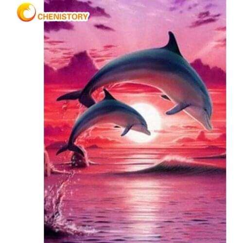 CHENISTORY Painting By Numbers Kits For Adults Diy Framed Dolphin On Ocean Animal HandPainted Diy Oil Paintd For Home Wall Decor