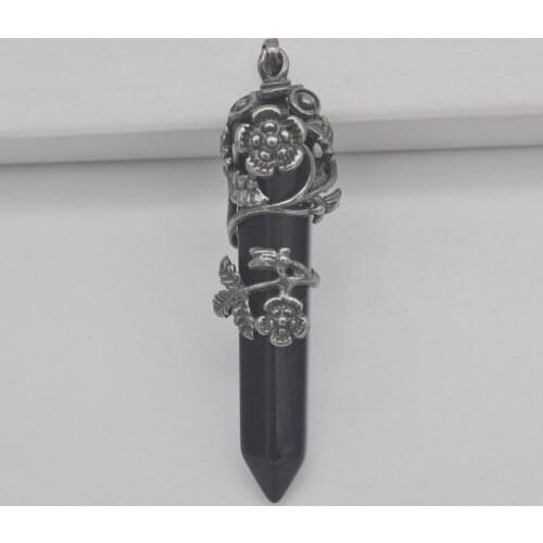 Black Carnelian Stone GEM Pillar Pendant Flower Plants Jewelry S232