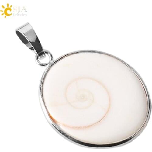 CSJA Natural Shell Stone Snails Shape Animal Pendants Necklaces Round Stone Bead Cabochon Women Men Charm Fashion Jewellery E263