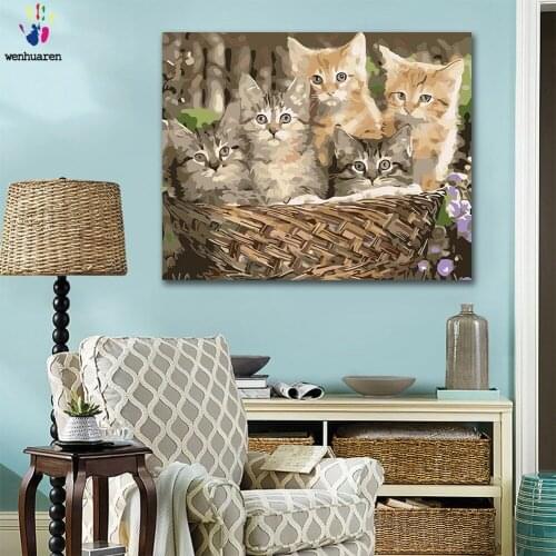 DIY colorings pictures by numbers with colors a group of kittens in the basket picture drawing painting by numbers framed Home
