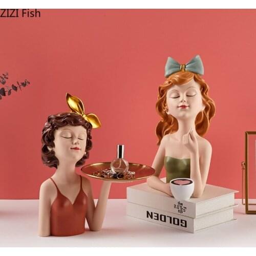 Girly Modern Statue Bow-knot Girl Sculpture Handicrafts Painted Character Crafts Resin Figurines Living Room Decoration Ornament