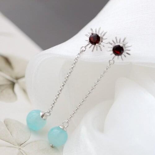 Classic Hot Sale 925 Sterling Silver Stylish Water Drop Earrings Inlay With Natural AmazoniteTide Long Tassel 925 Silver Eardrop