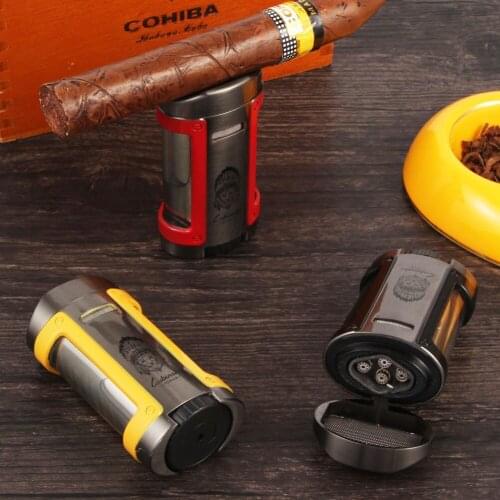 LUBINSKI Creative Butane Torch Lighter Gas Cool Metal 4 Jet Cigar Lighter Top Luxury Windproof Cakmak W Support Top Cigar Holder