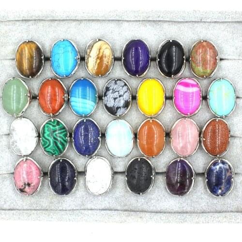 Fashion Women Finger Rings Oval Natural Stone Amethysts Agates Opal Pink Quartz Lapis Chakra Crystal Rings Party Wedding Jewelry