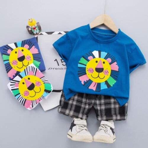 Boys Stes Casual Clothing Tracksuit 2 Piece Set Cartoon Lion Cool Top T-Shirt + Plaid Shorts Summer Children Wear 1-5 Years