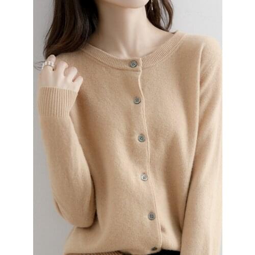 Autumn Women Cardigan Sweater Long Sleeve Button Knitted Short Coat Causal Wool O Neck Soft Female Outwear Solid Color WF187