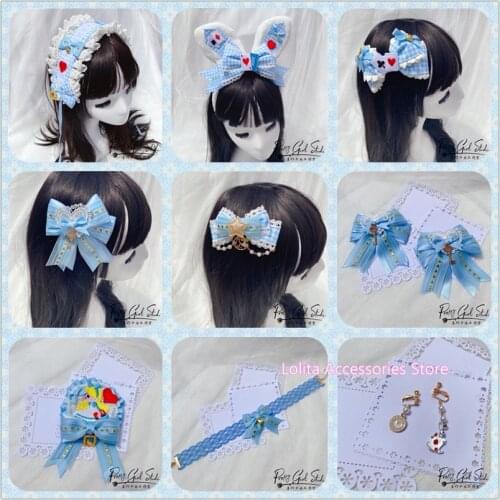 Lolita Anime Alice Cosplay Sky Blue Lattice JSK OP Headband Hairpin KC Headdress Sweet Girl Cute Bow Poker Rabbit Ear Hair band