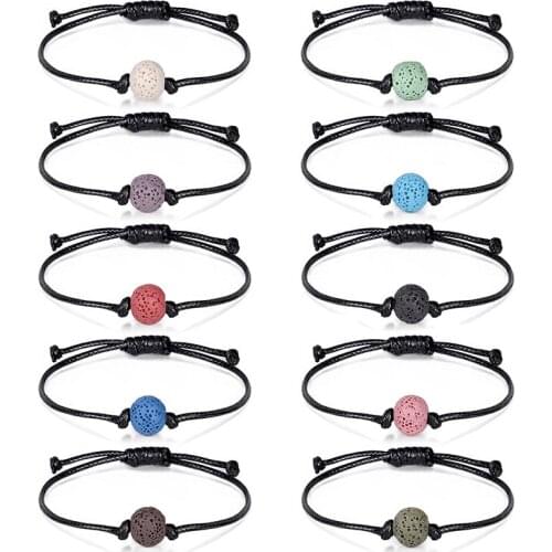 Simple Black Lava Energy Stone Bracelets Adjustable Colorful Waxed Cord Round Ball Lava Stone Healing Bracelets Women Male Lover