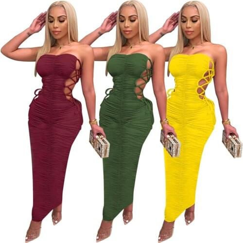 Off The Shoulder Bandage Summer Dress Backless Lace Up Sexy Long Maxi Dress Skinny Ruched Nightclub Party Bodycon Dress S-XXL