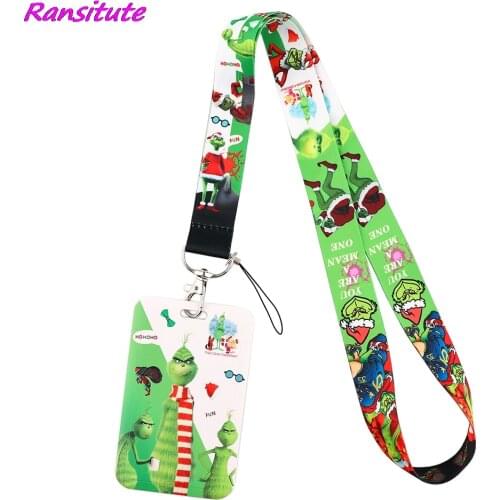 Ransitute R1962 Cartoon Christmas Green Monster Lanyard Kids Gifts For Key Neck Strap Lanyard Card ID Badge Holder Hang Rope