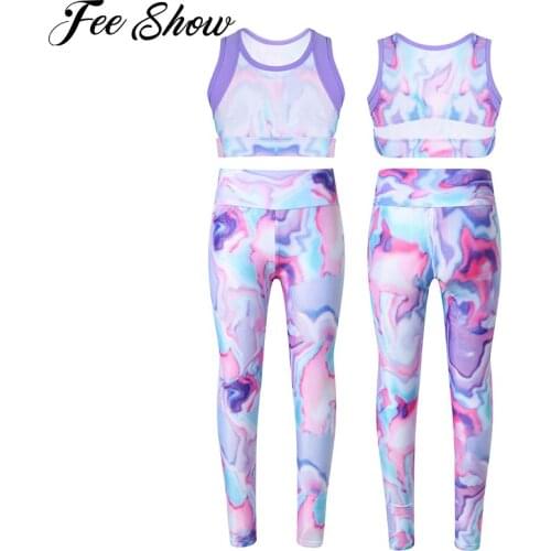Toddler Kids Girl Gymnastics Dancewear Tracksuits Outfit Tie-Dye Sleeveless Racer Back Tanks Crop Top Leggings Pants Sports Sets