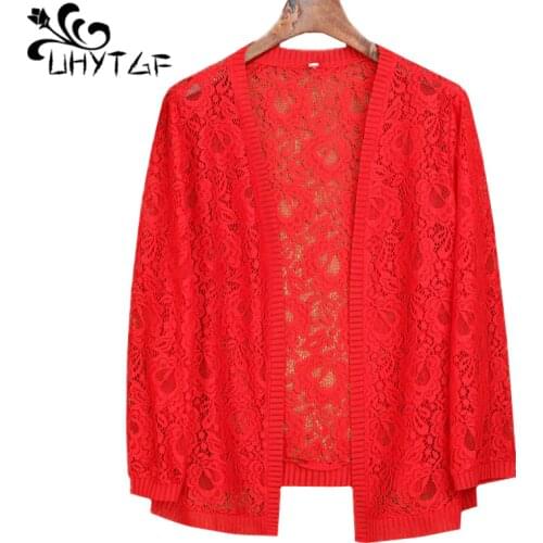 UHYTGF Fashion Shawl Summer Jacket Womens Knitted Cardigan Casual Thin 7XL Plus Size Top V-Neck Hollow Elegant Short Coat 1163
