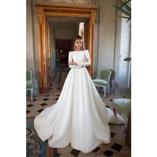 Gorgeous Boat Neck Long Sleeve Backless Wedding Dress Simple Satin Bridal Gown