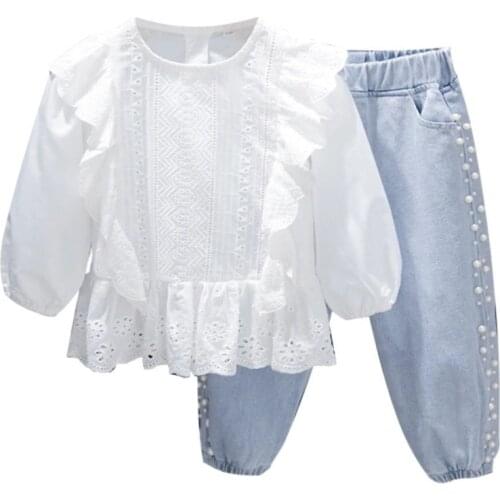Spring Autumn New Girls' Suit Lace Tops Shirt Fashionable Jeans Casual Children Clothing Set Blouse Baby Girl Clothes