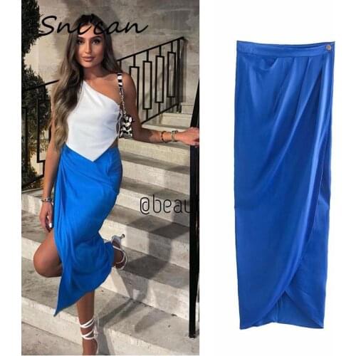 Blue Aymmetrical Midi Skirt High Waist Ruched Metal Button Long Faldas Mujer Summer Fashion Jupe Femme Za 2021 Women Bottom New