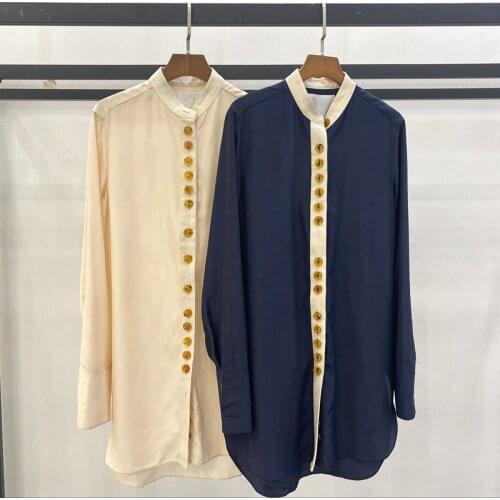 Women Shirt 2020 Early Autumn Minimalist Single Row Multi-button Long-sleeved Silk Shirt Round Neck Shirt Women