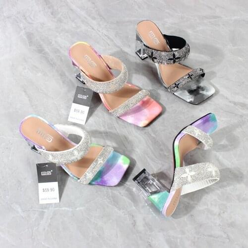 Womens Sandals 2021 Summer New Chain Color Blocking High Heel Square Heel Comfortable Fleece Fashion Womens Shoes 8.5CM