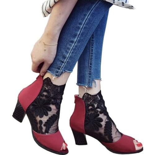 2019 New Large Size Mesh High Heel Womens Shoes Thick With High Heel Lace Fish Mouth Womens Sandals Fashion Shoes Women