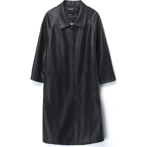 Women Soft Faux Leather Long Jackets Single Breasted Loose Trench Coat Korean Clothing Female Streetwear Faux Leather Outerwear