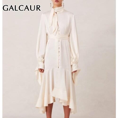 GALCAUR Pure Color Dresses For Female Lace Up Bowknot Long Sleeve High Waist Slimming Ruched Irregular Hem Womens Elegant Dress