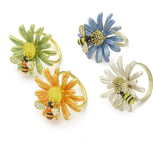 Bee Flower Gold Napkin Rings, Summer Sweet Holiday Napkin Rings 4-Piece Set, Napkin Cloth, Napkin Buckle for Wedding