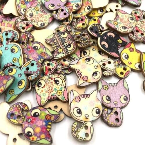 30pcs Mix Color Cat Wood Buttons 2Holes Sewing Crafts 17*26mm WB416